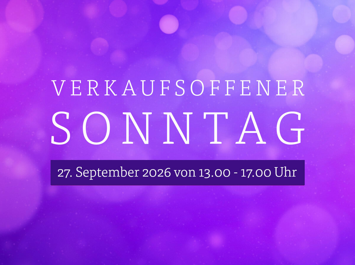 Schriftbanner auf violettem Grund: &bdquo;Verkaufsoffener Sonntag &mdash; 27. September 2026 von 13.00 bis 17.00 Uhr"
