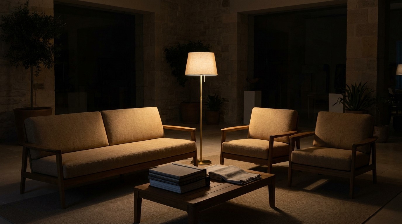 KI-generierte Darstellung eines abendlichen Showrooms, in dem eine einzelne Loungegruppe von warmem Licht angestrahlt wird