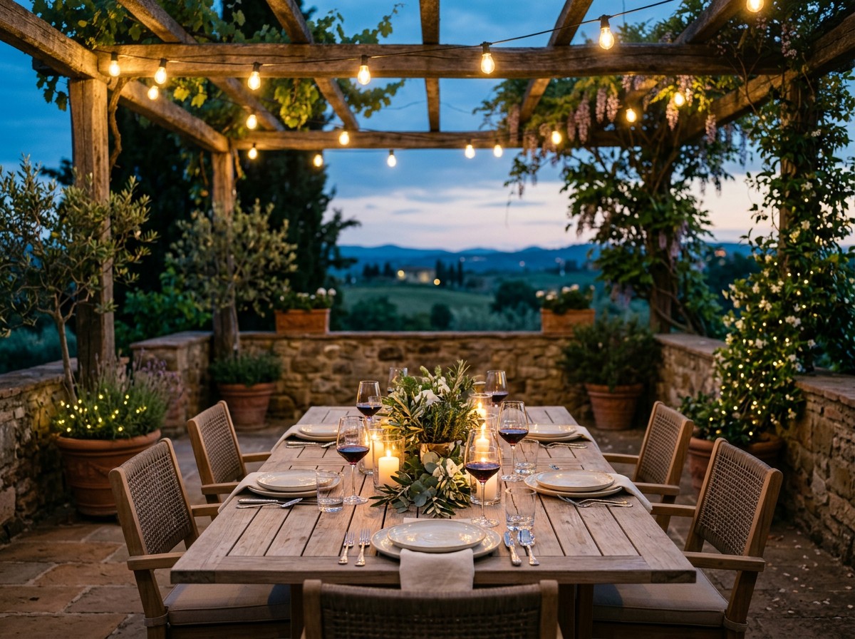 KI-generierte Darstellung einer gedeckten Tafel aus Teak unter einer Pergola mit Lichterketten in der blauen Stunde